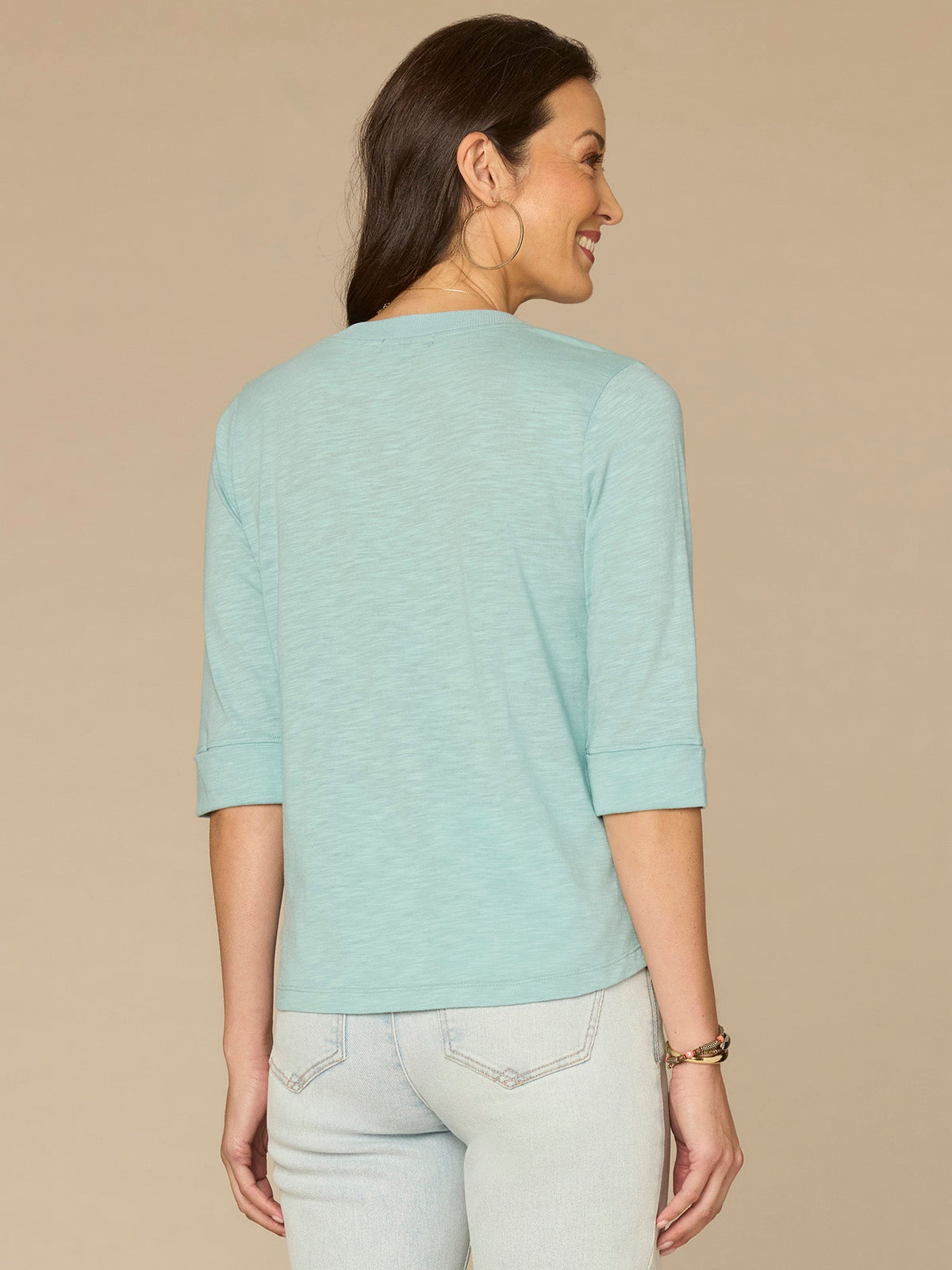 Democracy Clothing Roll Cuff Sleeve Round Split V-Neck Surplus Hem Plus Size Knit Top - Aqua Haze|Black|Deep Jade|Island Sky|Off White|Papaya|Coral Punch|Dark Raisin|Maple Leaf|Navy|Winter Sky
