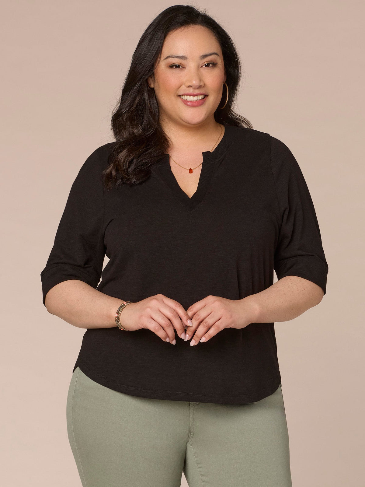 Democracy Clothing Roll Cuff Sleeve Round Split V-Neck Surplus Hem Plus Size Knit Top - Aqua Haze|Black|Deep Jade|Island Sky|Off White|Papaya|Coral Punch|Dark Raisin|Maple Leaf|Navy|Winter Sky