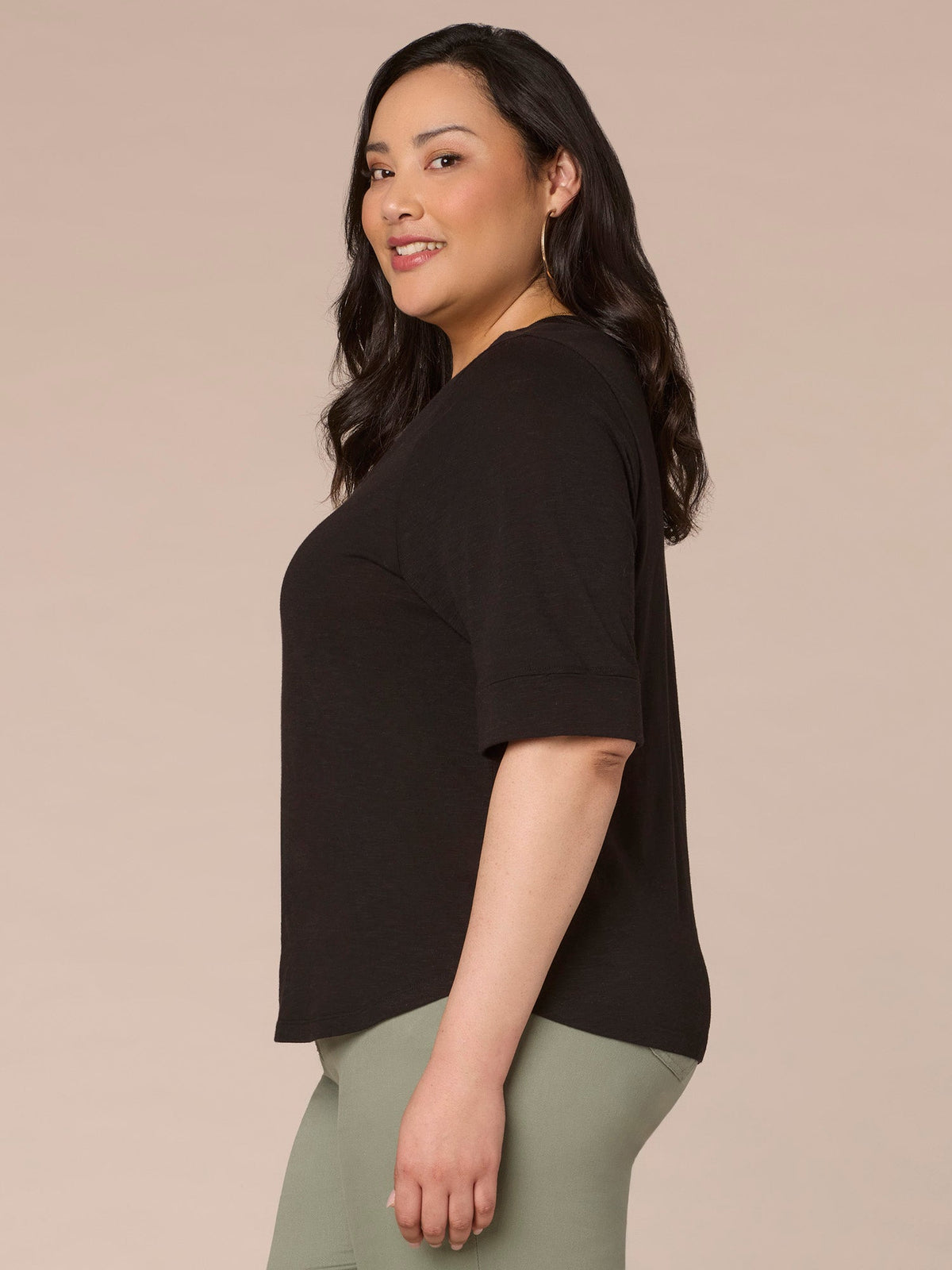 Democracy Clothing Roll Cuff Sleeve Round Split V-Neck Surplus Hem Plus Size Knit Top - Aqua Haze|Black|Deep Jade|Island Sky|Off White|Papaya|Coral Punch|Dark Raisin|Maple Leaf|Navy|Winter Sky