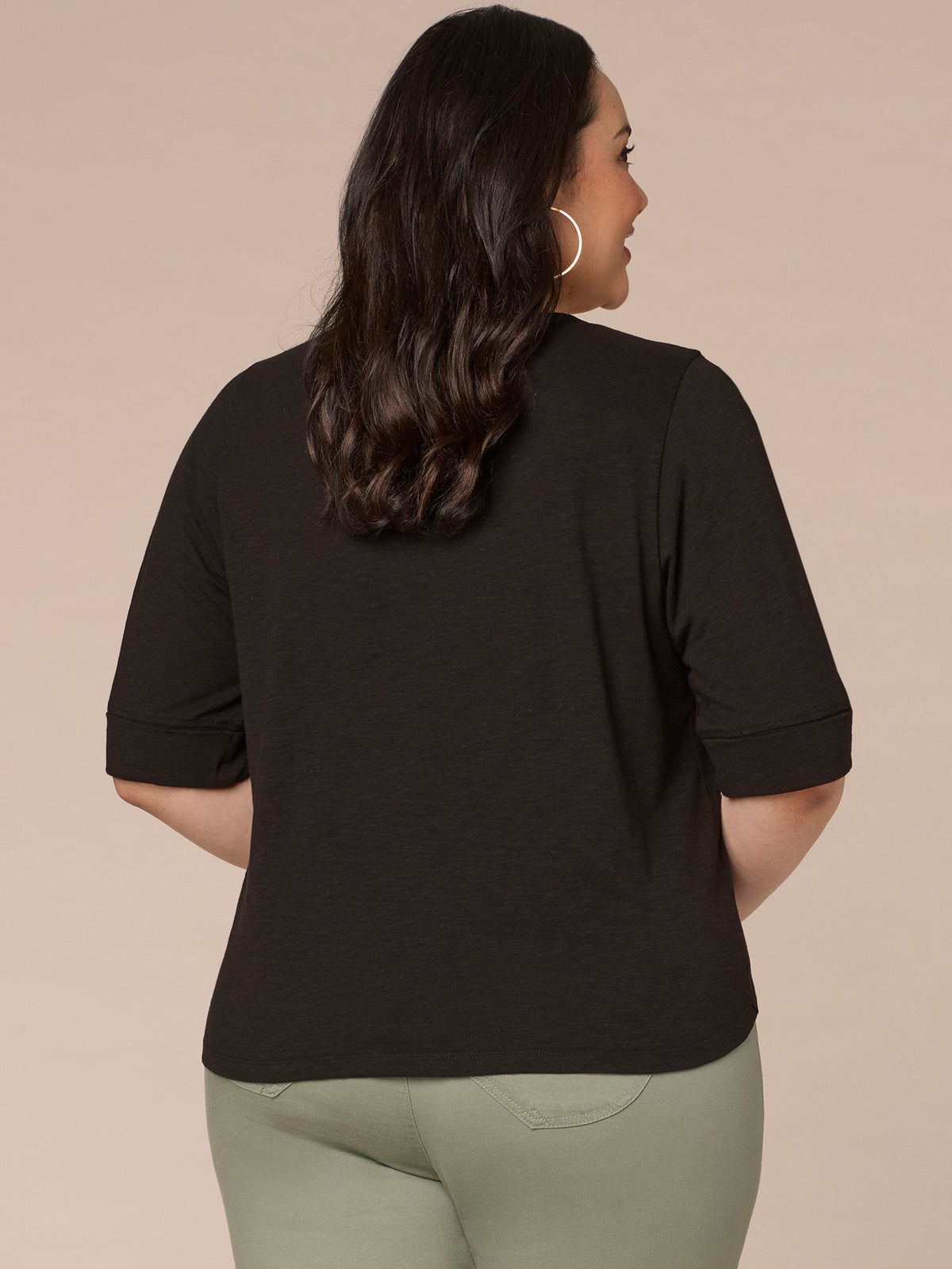 Democracy Clothing Roll Cuff Sleeve Round Split V-Neck Surplus Hem Plus Size Knit Top - Aqua Haze|Black|Deep Jade|Island Sky|Off White|Papaya|Coral Punch|Dark Raisin|Maple Leaf|Navy|Winter Sky