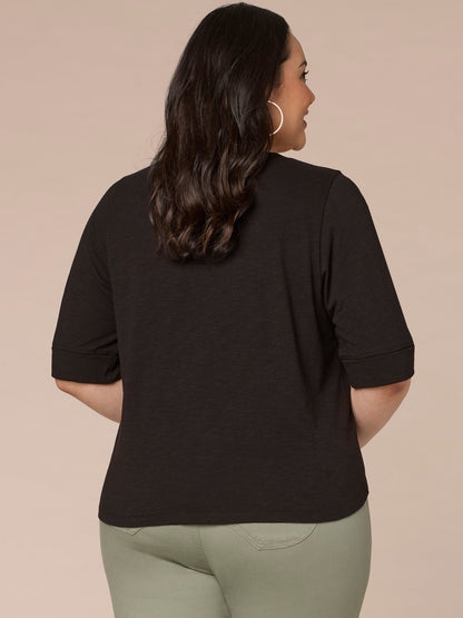 Democracy Clothing Roll Cuff Sleeve Round Split V-Neck Surplus Hem Plus Size Knit Top - Aqua Haze|Black|Deep Jade|Island Sky|Off White|Papaya|Coral Punch|Dark Raisin|Maple Leaf|Navy|Winter Sky