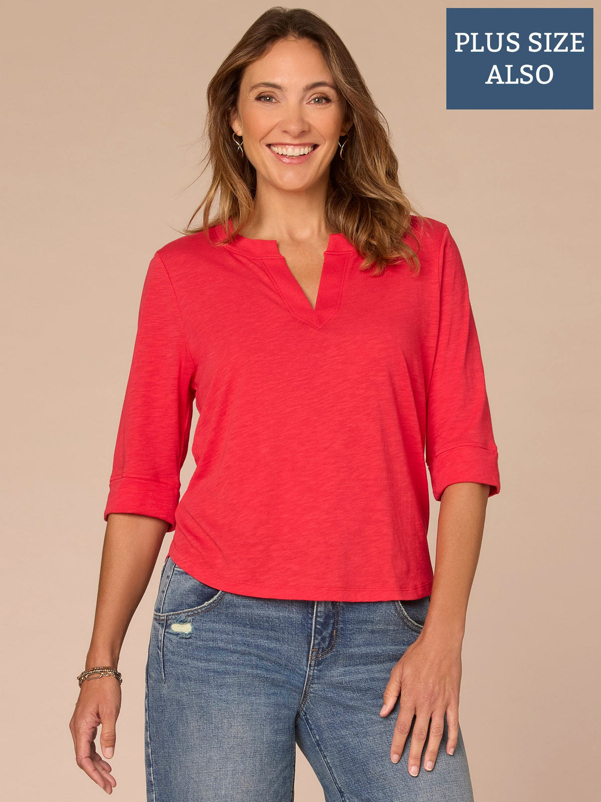 Democracy Clothing Roll Cuff Sleeve Round Split V-Neck Surplus Hem Plus Size Knit Top - Aqua Haze|Black|Deep Jade|Island Sky|Off White|Papaya|Coral Punch|Dark Raisin|Maple Leaf|Navy|Winter Sky