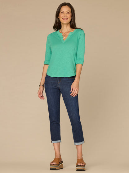 Democracy Clothing Roll Cuff Sleeve Round Split V-Neck Surplus Hem Plus Size Knit Top - Aqua Haze|Black|Deep Jade|Island Sky|Off White|Papaya|Coral Punch|Dark Raisin|Maple Leaf|Navy|Winter Sky
