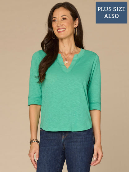Democracy Clothing Roll Cuff Sleeve Round Split V-Neck Surplus Hem Plus Size Knit Top - Aqua Haze|Black|Deep Jade|Island Sky|Off White|Papaya|Coral Punch|Dark Raisin|Maple Leaf|Navy|Winter Sky