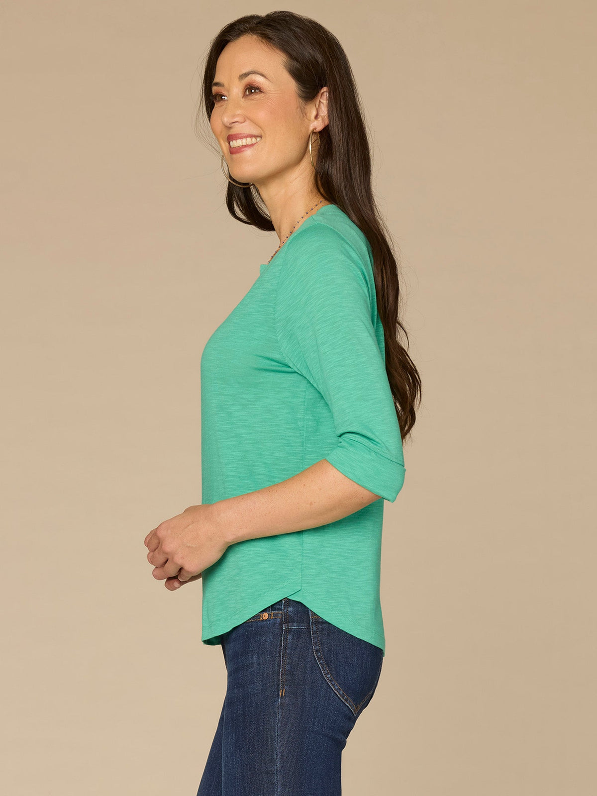 Democracy Clothing Roll Cuff Sleeve Round Split V-Neck Surplus Hem Plus Size Knit Top - Aqua Haze|Black|Deep Jade|Island Sky|Off White|Papaya|Coral Punch|Dark Raisin|Maple Leaf|Navy|Winter Sky