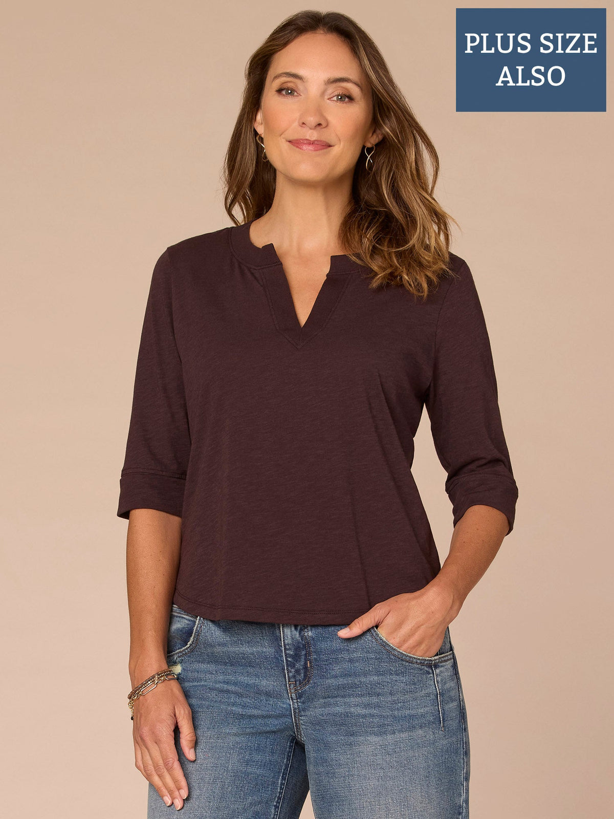 Democracy Clothing Roll Cuff Sleeve Round Split V-Neck Surplus Hem Plus Size Knit Top - Aqua Haze|Black|Deep Jade|Island Sky|Off White|Papaya|Coral Punch|Dark Raisin|Maple Leaf|Navy|Winter Sky