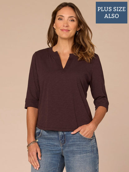 Democracy Clothing Roll Cuff Sleeve Round Split V-Neck Surplus Hem Plus Size Knit Top - Aqua Haze|Black|Deep Jade|Island Sky|Off White|Papaya|Coral Punch|Dark Raisin|Maple Leaf|Navy|Winter Sky