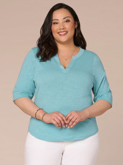 Democracy Clothing Roll Cuff Sleeve Round Split V-Neck Surplus Hem Plus Size Knit Top - Aqua Haze|Black|Deep Jade|Island Sky|Off White|Papaya|Coral Punch|Dark Raisin|Maple Leaf|Navy|Winter Sky