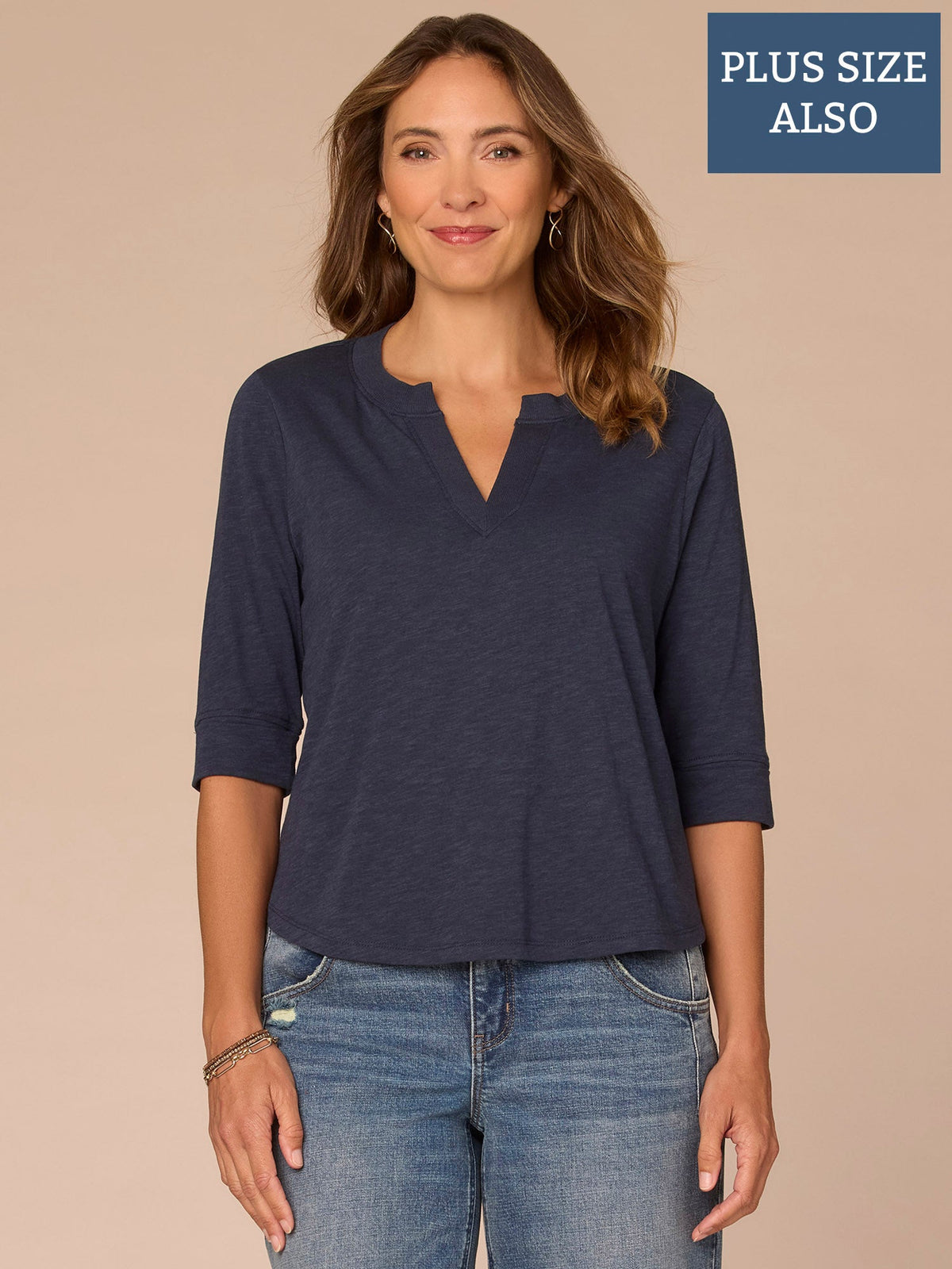 Democracy Clothing Roll Cuff Sleeve Round Split V-Neck Surplus Hem Plus Size Knit Top - Aqua Haze|Black|Deep Jade|Island Sky|Off White|Papaya|Coral Punch|Dark Raisin|Maple Leaf|Navy|Winter Sky