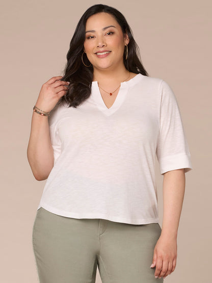 Democracy Clothing Roll Cuff Sleeve Round Split V-Neck Surplus Hem Plus Size Knit Top - Aqua Haze|Black|Deep Jade|Island Sky|Off White|Papaya|Coral Punch|Dark Raisin|Maple Leaf|Navy|Winter Sky
