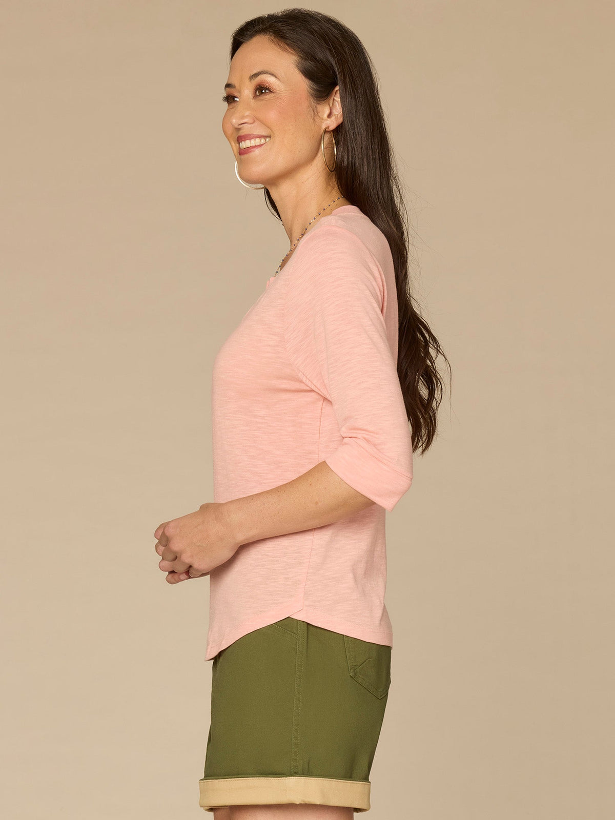 Democracy Clothing Roll Cuff Sleeve Round Split V-Neck Surplus Hem Plus Size Knit Top - Aqua Haze|Black|Deep Jade|Island Sky|Off White|Papaya|Coral Punch|Dark Raisin|Maple Leaf|Navy|Winter Sky