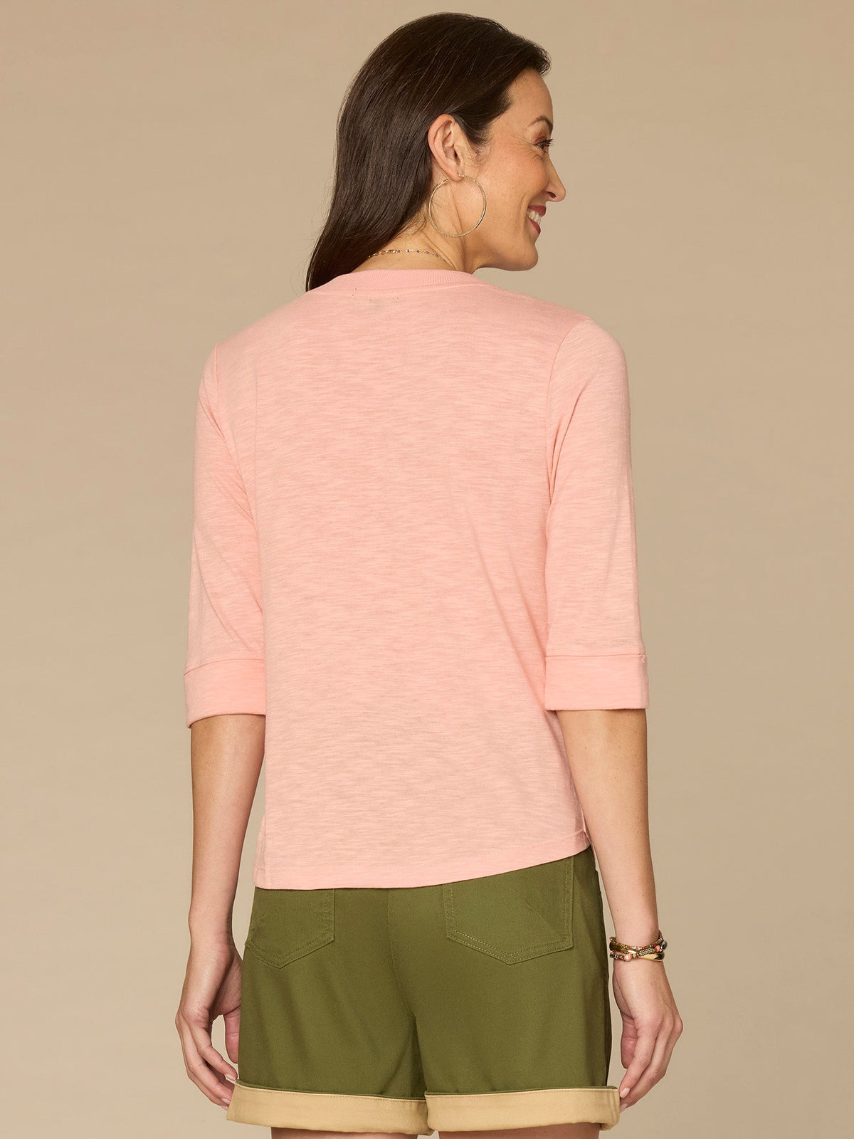Democracy Clothing Roll Cuff Sleeve Round Split V-Neck Surplus Hem Plus Size Knit Top - Aqua Haze|Black|Deep Jade|Island Sky|Off White|Papaya|Coral Punch|Dark Raisin|Maple Leaf|Navy|Winter Sky
