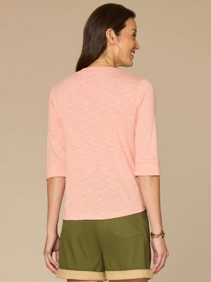 Democracy Clothing Roll Cuff Sleeve Round Split V-Neck Surplus Hem Plus Size Knit Top - Aqua Haze|Black|Deep Jade|Island Sky|Off White|Papaya|Coral Punch|Dark Raisin|Maple Leaf|Navy|Winter Sky
