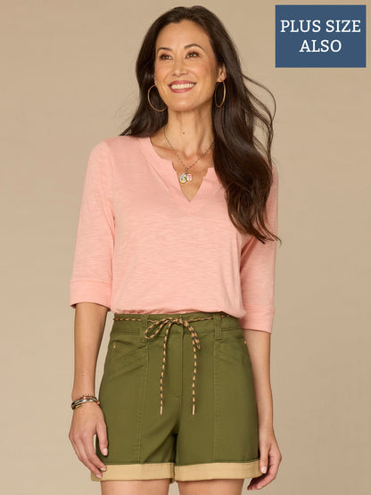Democracy Clothing Roll Cuff Sleeve Round Split V-Neck Surplus Hem Plus Size Knit Top - Aqua Haze|Black|Deep Jade|Island Sky|Off White|Papaya|Coral Punch|Dark Raisin|Maple Leaf|Navy|Winter Sky