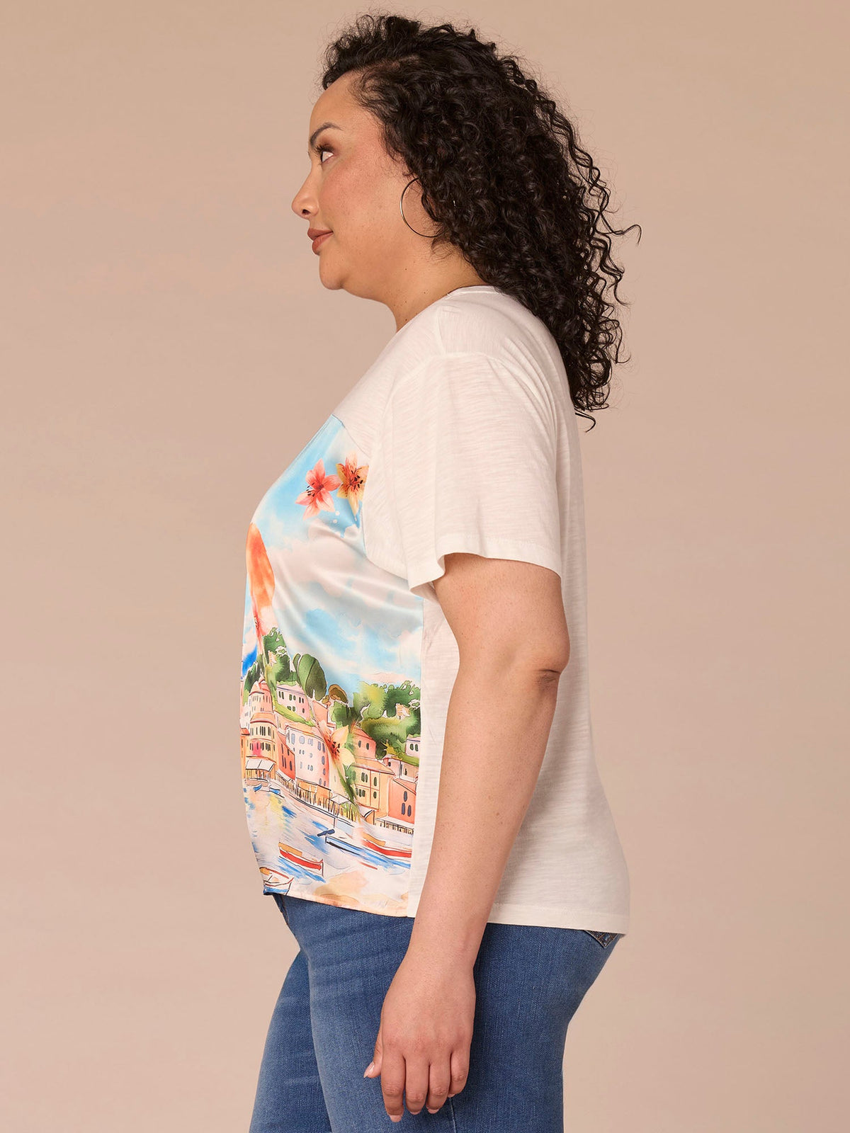 Democracy Clothing Elbow Sleeve Scoop Neck Side Tie Placement Print Plus Size Knit Top - Provence Blue Print Multi