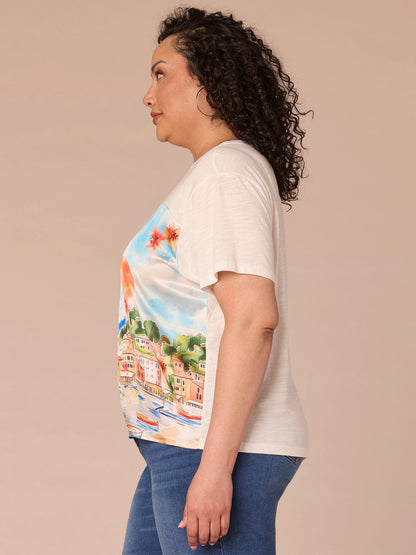 Democracy Clothing Elbow Sleeve Scoop Neck Side Tie Placement Print Plus Size Knit Top - Provence Blue Print Multi