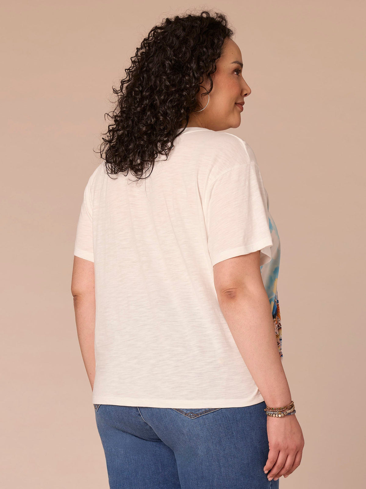 Democracy Clothing Elbow Sleeve Scoop Neck Side Tie Placement Print Plus Size Knit Top - Provence Blue Print Multi