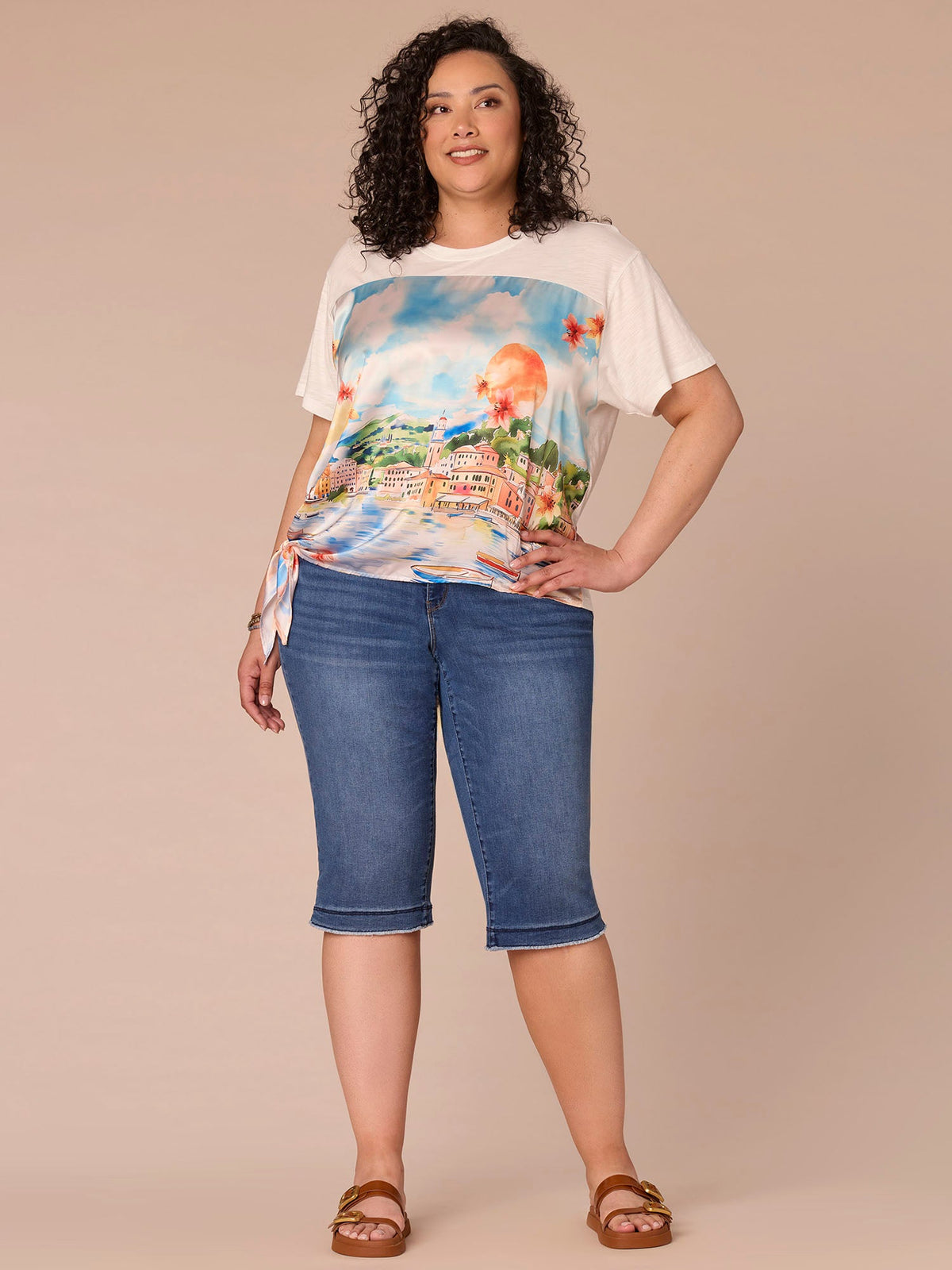 Democracy Clothing Elbow Sleeve Scoop Neck Side Tie Placement Print Plus Size Knit Top - Provence Blue Print Multi