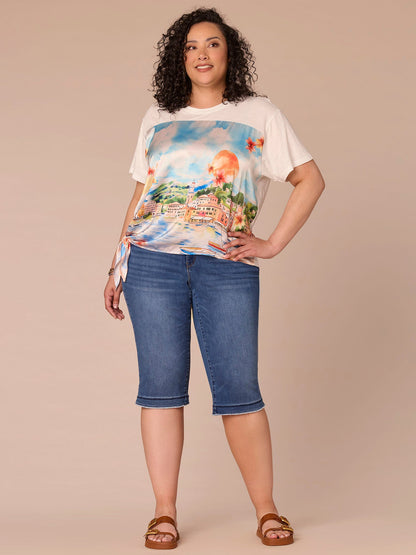 Democracy Clothing Elbow Sleeve Scoop Neck Side Tie Placement Print Plus Size Knit Top - Provence Blue Print Multi