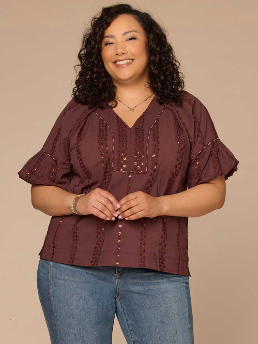 Democracy Clothing Short Banded Bubble Sleeve V-Neck Plus Size Woven Top with Embroidery - Cherry Chocolate|Black|Ecru|Wild Mulberry