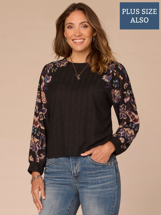 Democracy Clothing Long Dolman Sleeve Crew Neck Floral Placement Print Plus Size Knit Top - Black