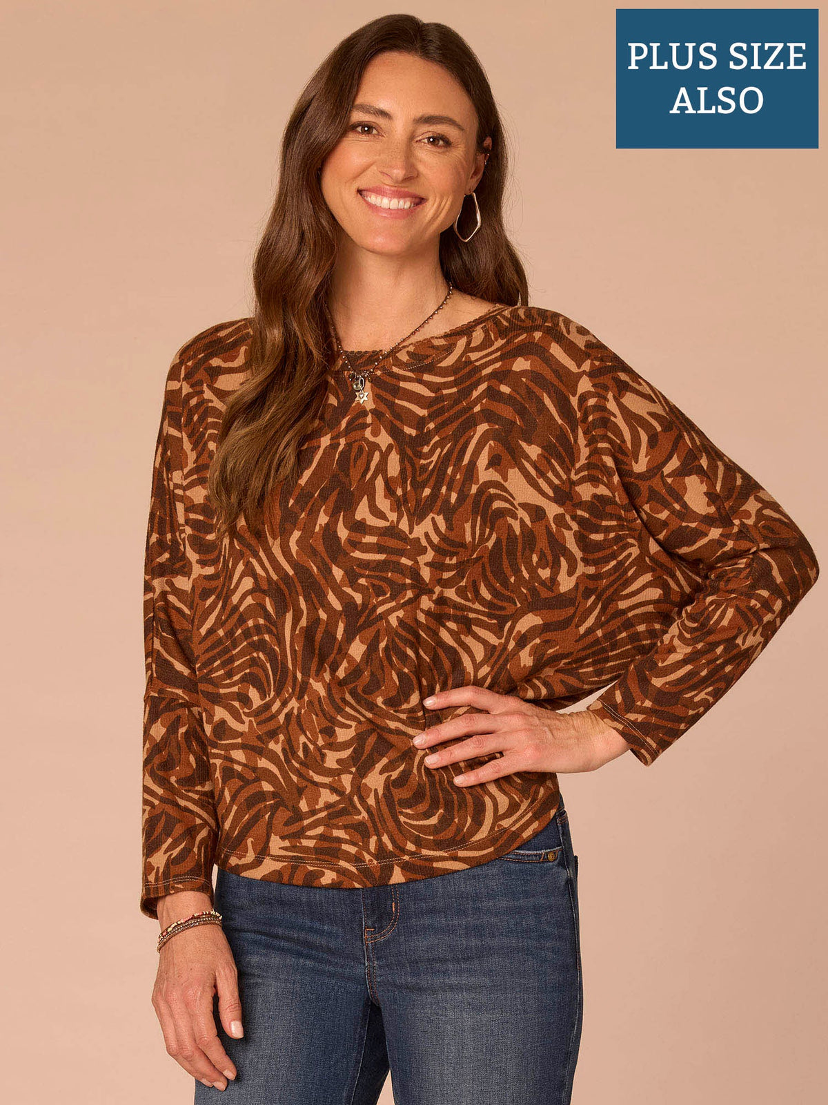 Democracy Clothing Long Batwing Sleeve Boat Neck Abstract Print Plus Size Knit Top - Brown Multi Print