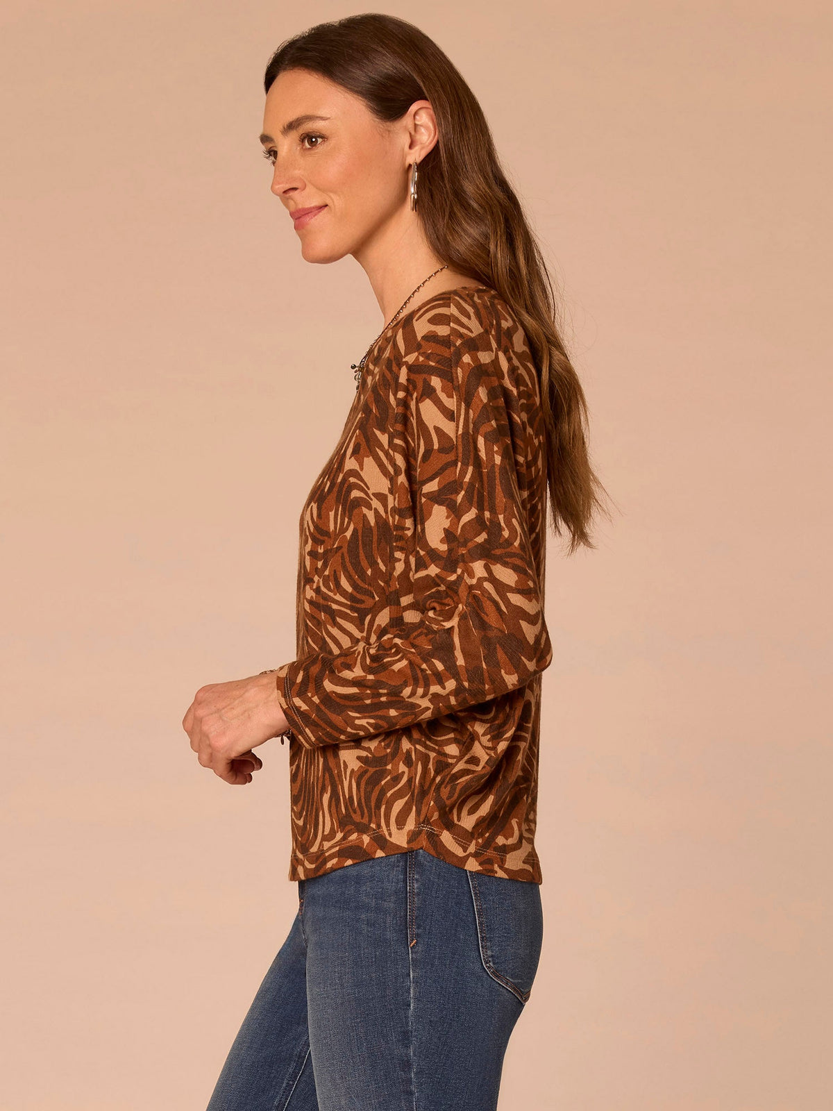Democracy Clothing Long Batwing Sleeve Boat Neck Abstract Print Plus Size Knit Top - Brown Multi Print
