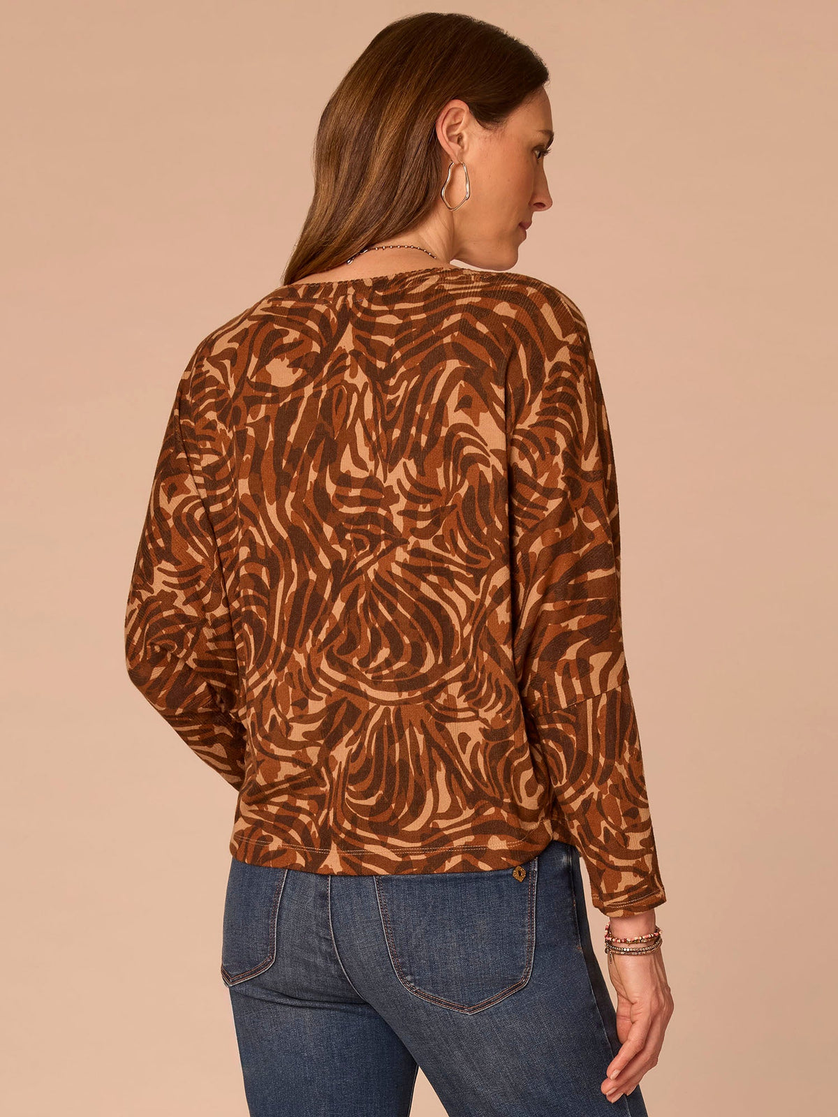 Democracy Clothing Long Batwing Sleeve Boat Neck Abstract Print Plus Size Knit Top - Brown Multi Print