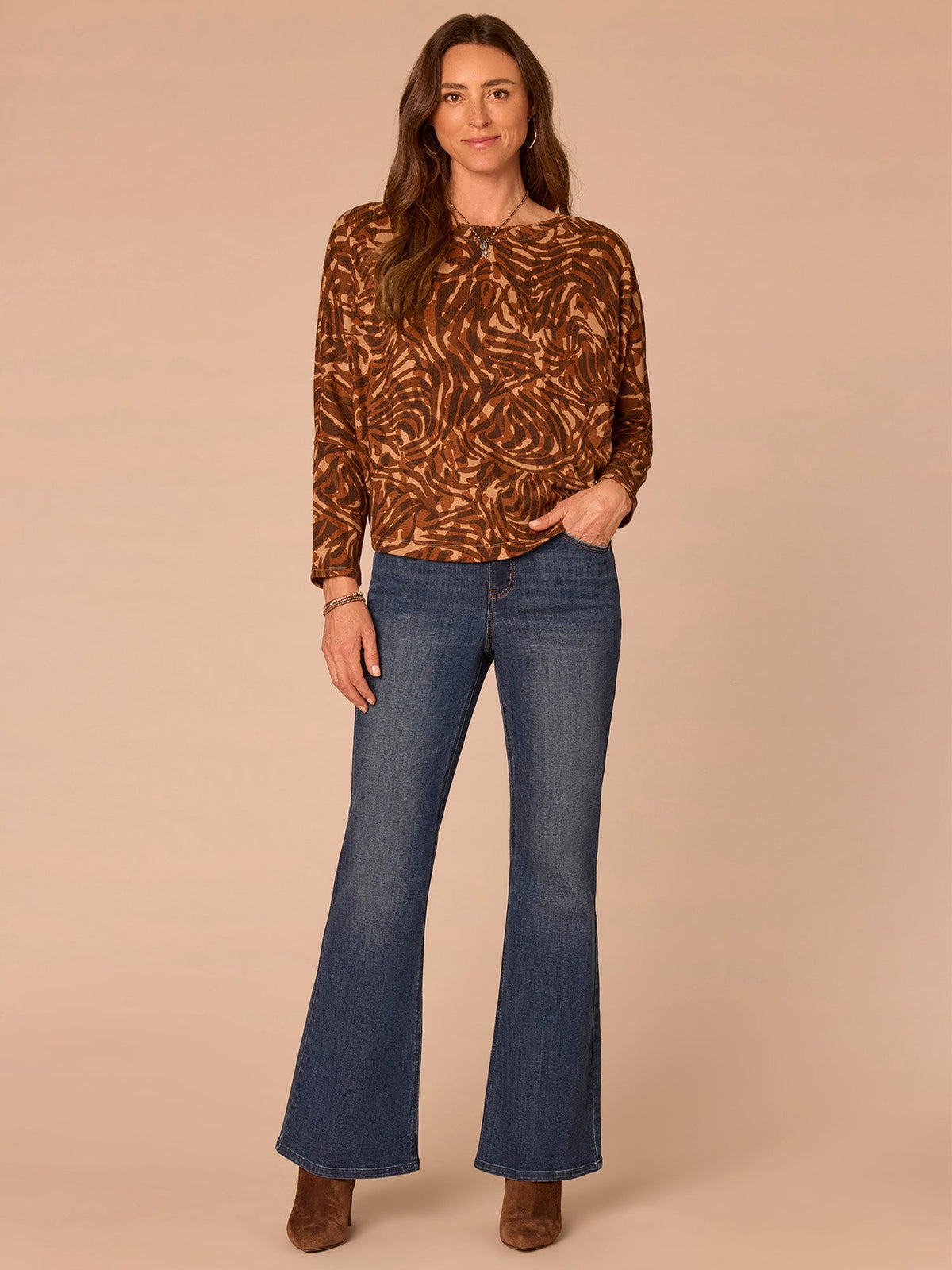 Democracy Clothing Long Batwing Sleeve Boat Neck Abstract Print Plus Size Knit Top - Brown Multi Print
