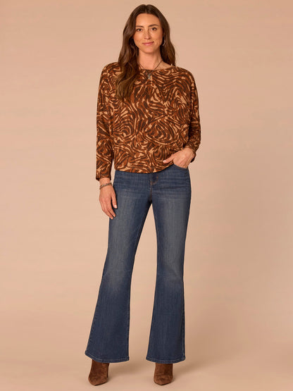 Democracy Clothing Long Batwing Sleeve Boat Neck Abstract Print Plus Size Knit Top - Brown Multi Print