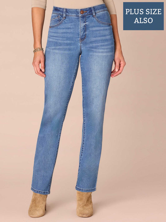 Democracy Clothing "Ab"solution® High Rise Straight Leg Plus Size Jeans in Mid Blue - Mid Blue Denim